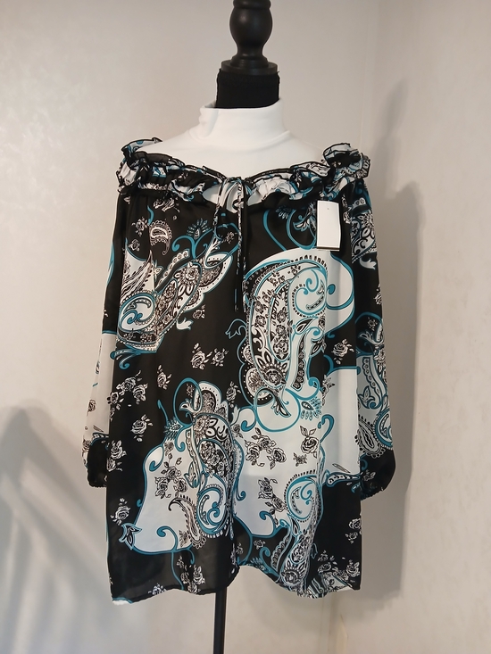 Cato Tops - Cato Black White and Teal Paisley Off-Shoulder Tunic